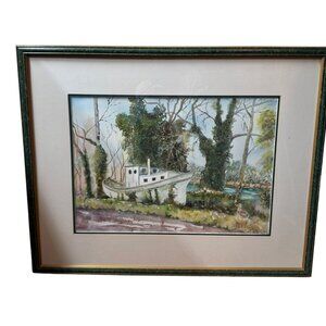 Vtg Nautical Watercolor Landscape Framed Art By Joan Hayes 1999 29.5x24" READ
